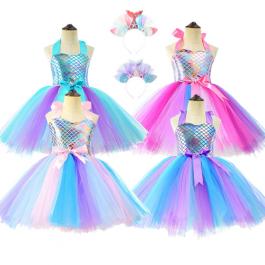 Summer Girls Mermaid Tutu Dress Princess Birthday Party Dresses For Girls With Hair Band Halloween Cosplay Kids Mermaid Costume