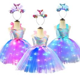 Pastel Mermaid Dress For Kids Girls Kids Halloween Cosplay Mermaid Costume With LED Light Summer Girls Tutu Dress