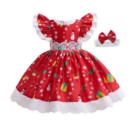 6 M-8 Years Christmas Tree Snowman Print Christmas Dresses For Little Girls Lace Kids Christmas Dress