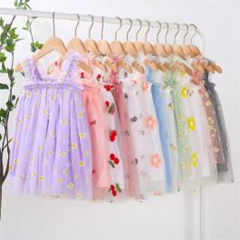 Wholesale Daisy Floral embroidery Kids Girl Casual strap Sleeveless Tulle Dresses Summer Baby Girls Tutu Dress