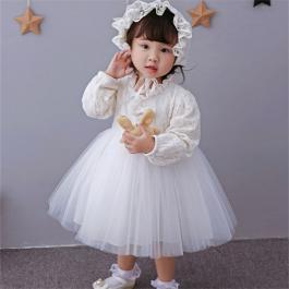 Baby Girls' long sleeve Knit Lace Christening Baptism Tutu Mesh Dress birthday party dress wedding costume