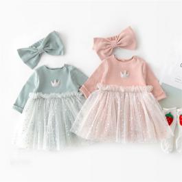 popular clothes long sleeved toddler kids party princess Dresses With free hair band baby flower girl dress