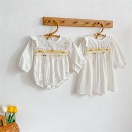 wholesale children clothes cotton long sleeve plain color baby girls Smocked dresses party birthday kids clothing