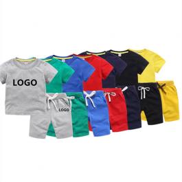 100% cotton Custom logo printing boy sweatsuit sets summer baby shorts T shirt set Kids clothing sets