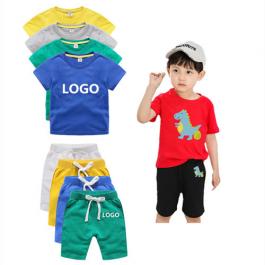 Custom LOGO short sleeve Toddler kids clothing 100% cotton kids sweatsuit summer Kids Shorts Plain color Boy T shirt
