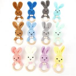 Animal Bunny Baby Chew Toy Teether DIY Knitted Wooden Rattle Baby Toys
